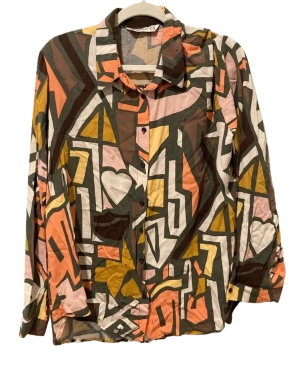 Big Dart Abstract Retro Geometric Button-Up Shirt in Olive, Peach & Mustard
